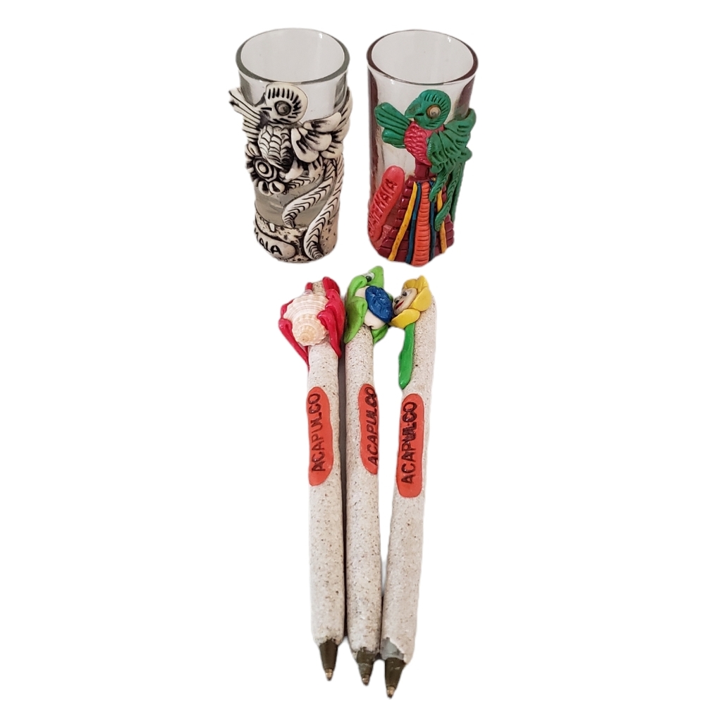 Guatemala Souvenir Short Shot Glasses Pens Acapulco Handmade
